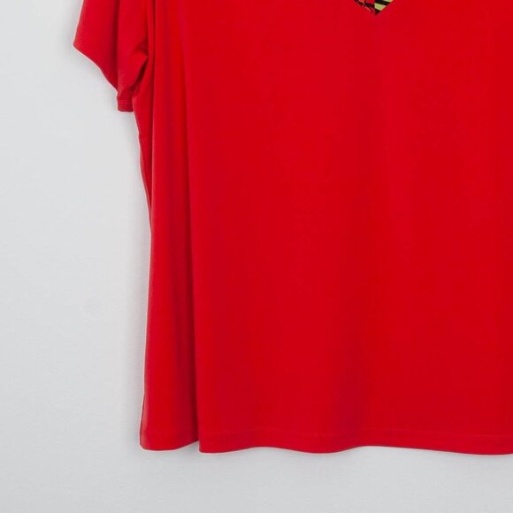 Susan Graver Womens Liquid Knit Floral Neck Top Size 1X Red Short Sleeve Stretch - Picture 3 of 7
